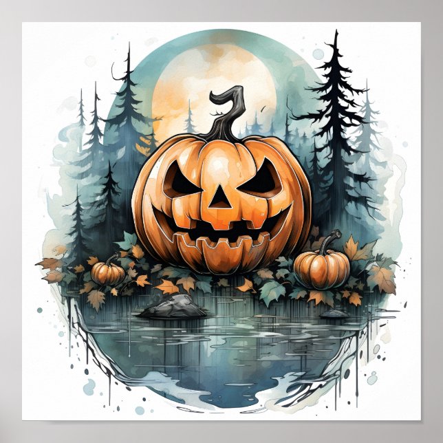 Halloween Watercolor Creepy Pumpkin in Forest Poster (Framsidan)