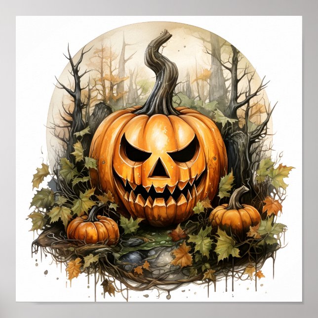Halloween Watercolor Creepy Pumpkin in Forest Poster (Framsidan)