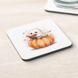 Halloween Watercolor - Cute Ghost Reading on Pumpk Underlägg