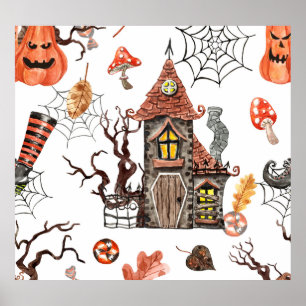 Halloween Watercolor: Haunted House Mönster. Poster
