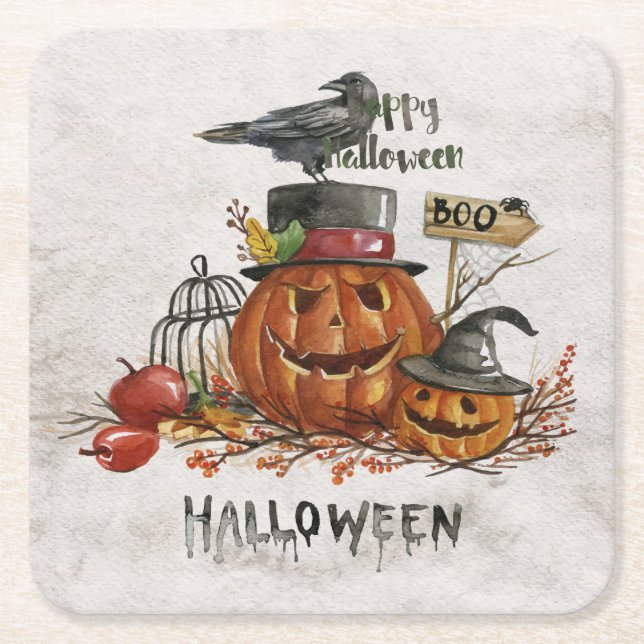 Halloween Watercolor Scary Pumpkins Underlägg Papper Kvadrat (Framsidan)