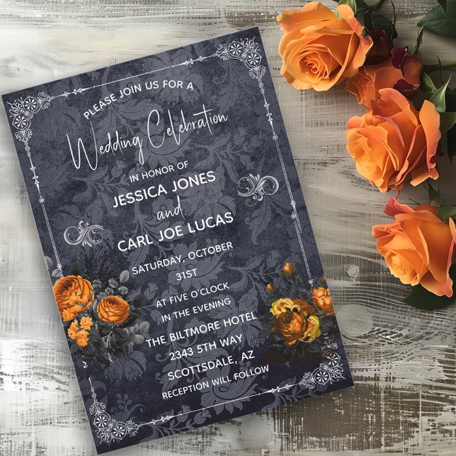 Halloween Wedding Orange Rose Floral Ornate Inbjudningar (Skapare uppladdad)