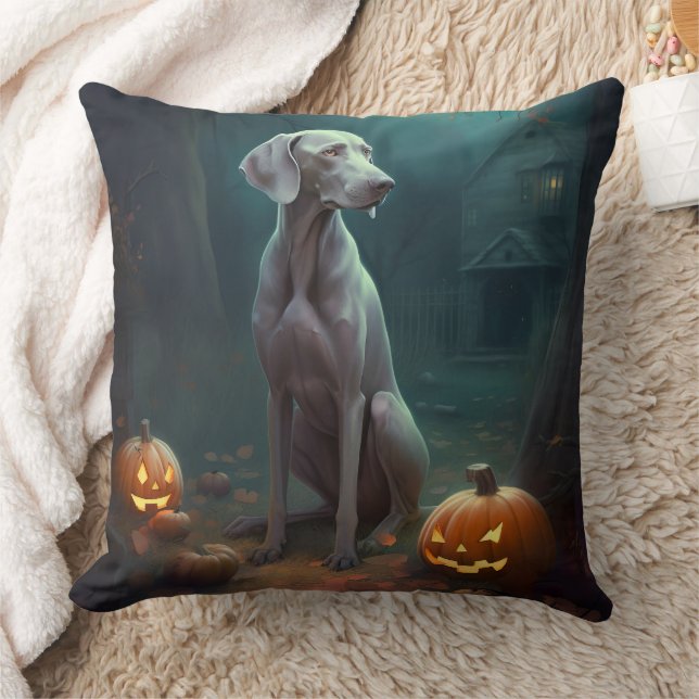 Halloween Weimaraner med pumpor Kudde (Filt)