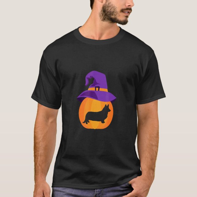 Halloween Welsh Corgi Pumpa Häxhatt T Shirt (Framsida)