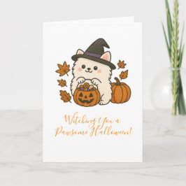 Halloween Wenskaart – Pomeranian met Heksenhoed Kort