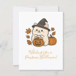 Halloween Wenskaart – Pomeranian met Heksenhoed Vykort