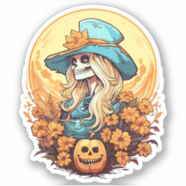 Halloween Western Cowgirl Skeleton Blommigt Pumpki Klistermärken
