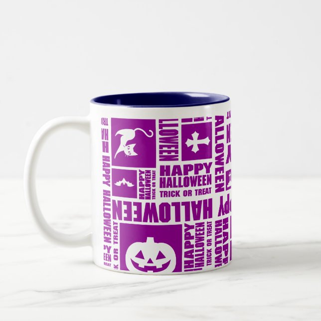 Halloween Whimsical Coola Typography Mönster Lila Två-Tonad Mugg (Vänster)