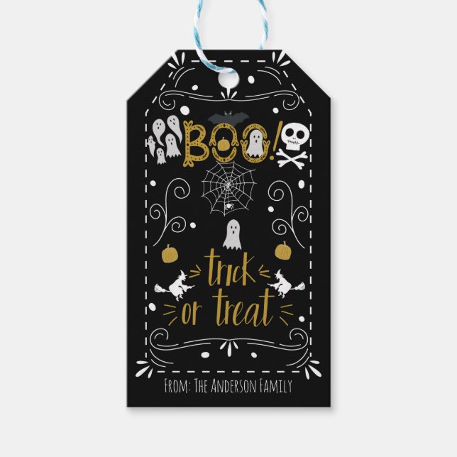 Halloween Whimsical Handritad Kostymfest Presentetikett (Framsidan)