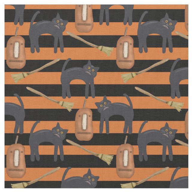 Halloween Whimsical Rand, Cats, Pumpkins Fabric Tyg (Närbild)