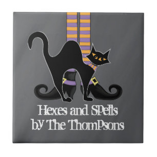 Halloween Whimsical Simple Witch Shoes Black Cat Kakelplatta