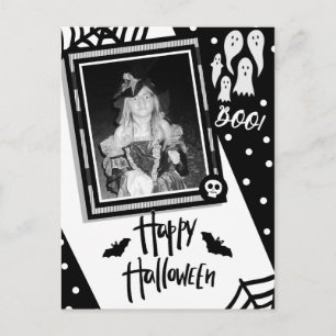 Halloween Whimsical Svart & Vit Dödskalle Foto Vykort