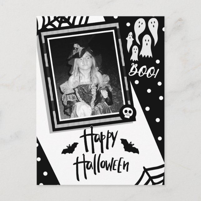 Halloween Whimsical Svart & Vit Dödskalle Foto Vykort (Framsida)