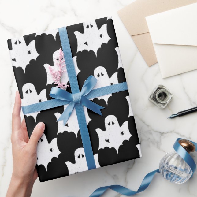 Halloween White Ghost Silhouette Mönster - Black Presentpapper (Gifting)