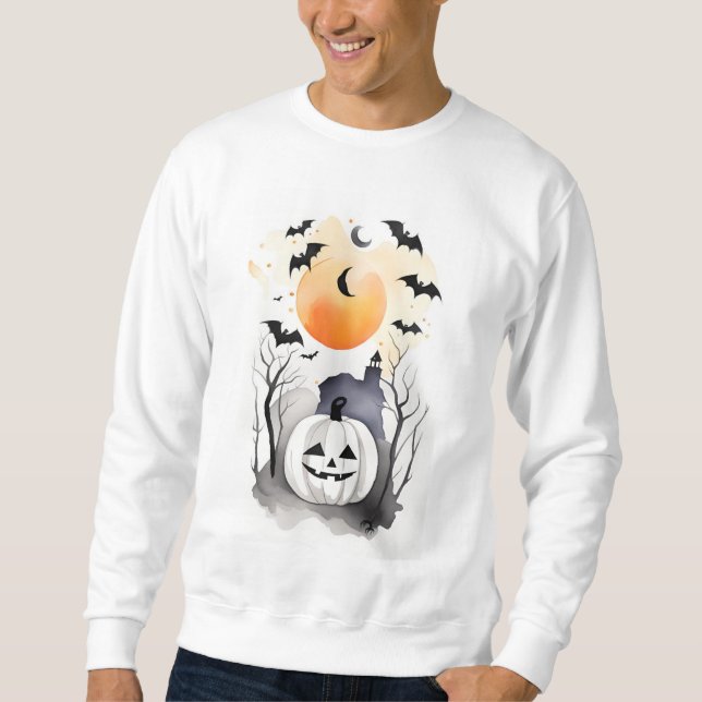 Halloween white Hoody med pumkin och fladdermus Lång Ärmad Tröja (Framsida)