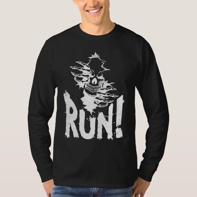 Halloween Wicked Skeleton Skull & Evil Grin Run! T T Shirt (Framsida)