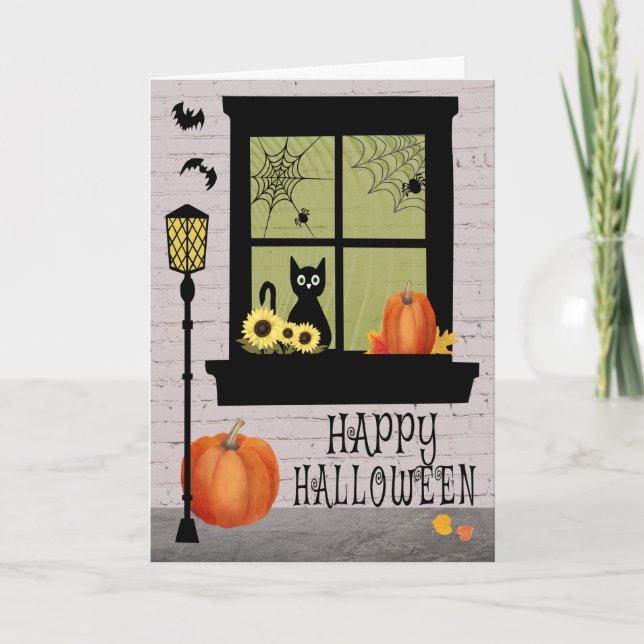 Halloween Window med svart katt och pumpor Kort (Framsida)