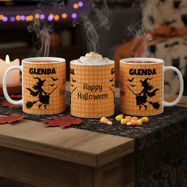 Halloween Witch & Bats Orange Plaid Custom Name Kaffemugg