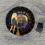 Halloween Witch Birthday Black Dart Board Darttavla<br><div class="desc">Är din födelsedag i oktober? Vill du spela spel? Vad sägs om en Halloween Birthday DART BOARD? Det här är en underbar design med en Halloween-häxa i en svart klänning som skapar en brygga med träd,  måne uggla och krypa lila spider i bakgrunden. All text är anpassade.</div>