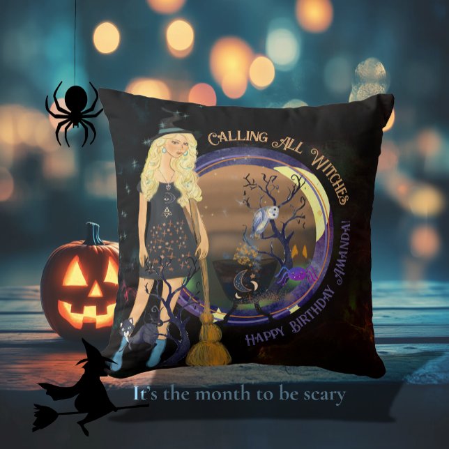 Halloween Witch Birthday Black Kudde (Halloween Witch Birthday Black Throw Pillow)