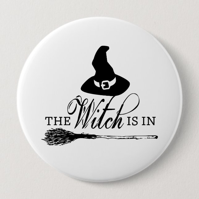 Halloween Witch Black and White Button Pin Badge Knapp (Framsida)