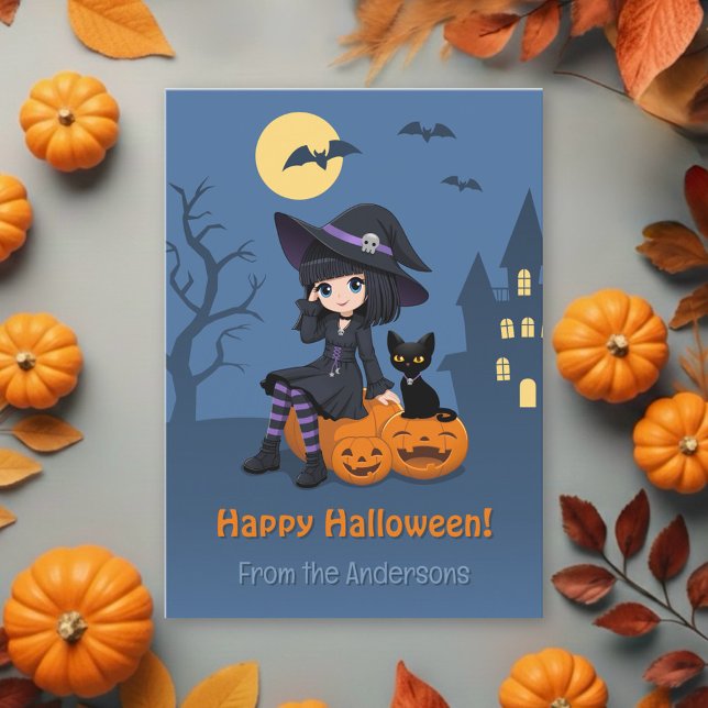 Halloween Witch, Black Cat, Curved Pumpkins Family Julkort (Skapare uppladdad)