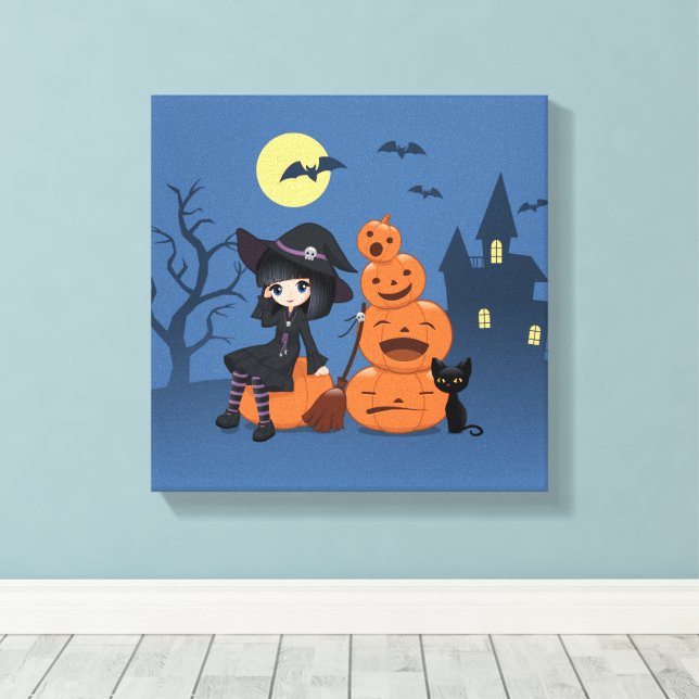 Halloween Witch, Black Cat och Pumpkins Canvastryck (Insitu (trägolv))