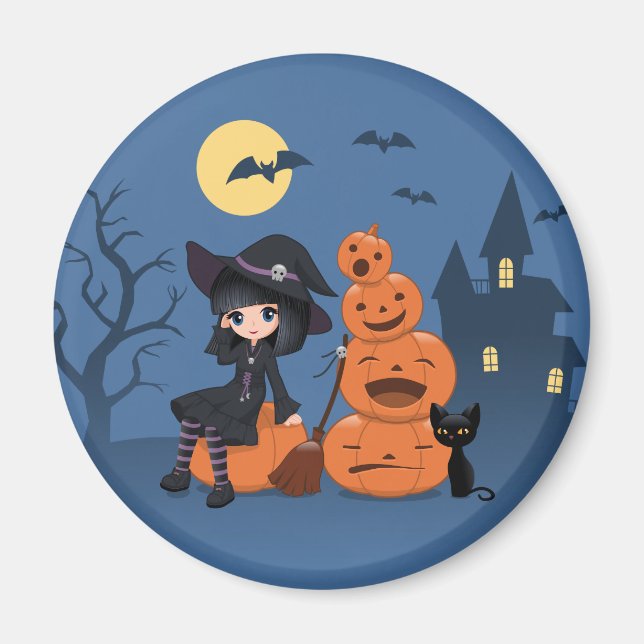 Halloween Witch, Black Cat och Pumpkins Magnet (Framsidan)