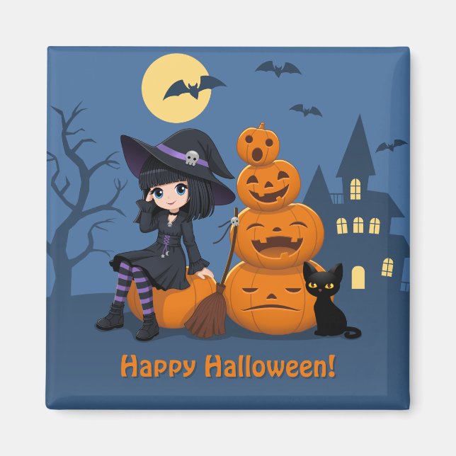 Halloween Witch, Black Cat och Pumpkins Magnet (Framsidan)
