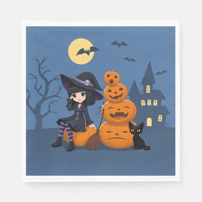 Halloween Witch, Black Cat och Pumpkins Pappersservett (Framsidan)