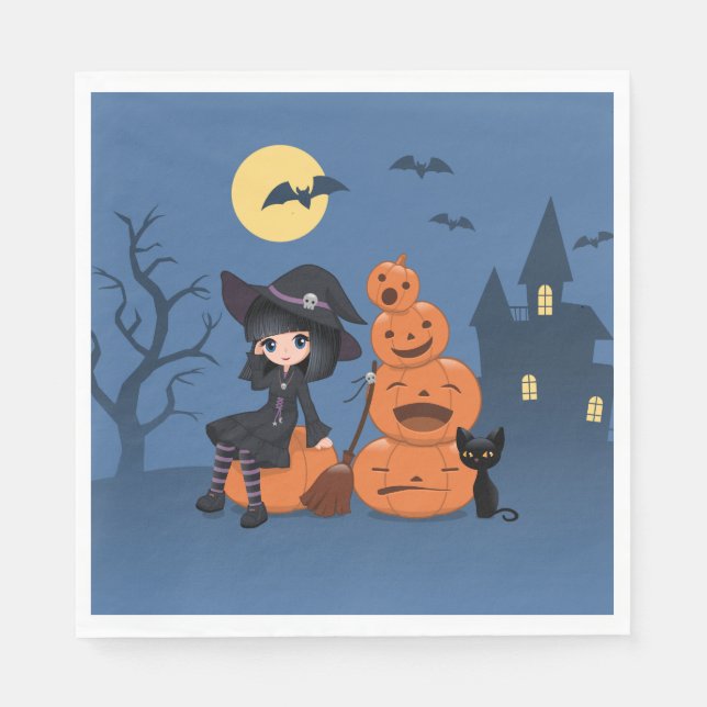 Halloween Witch, Black Cat och Pumpkins Pappersservett (Framsidan)