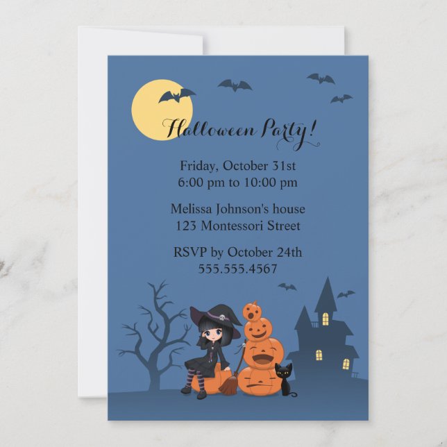 Halloween Witch, Black Cat och Pumpkins Party Inbjudningar (Framsida)