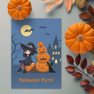 Halloween Witch, Black Cat och Pumpkins Party Inbjudningar