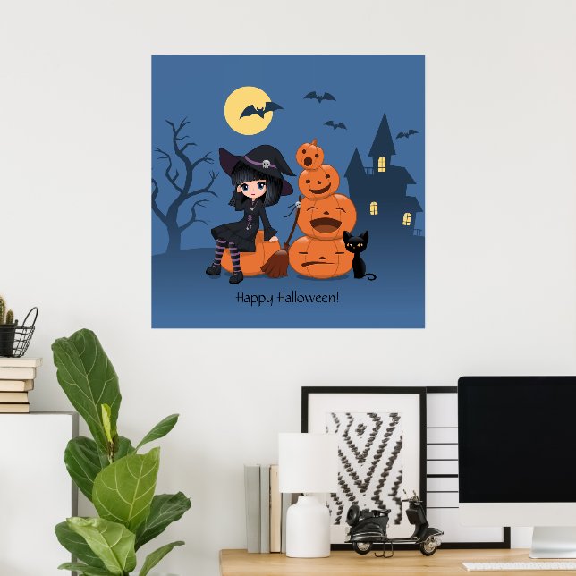 Halloween Witch, Black Cat och Pumpkins Poster (Hemmakontoret)
