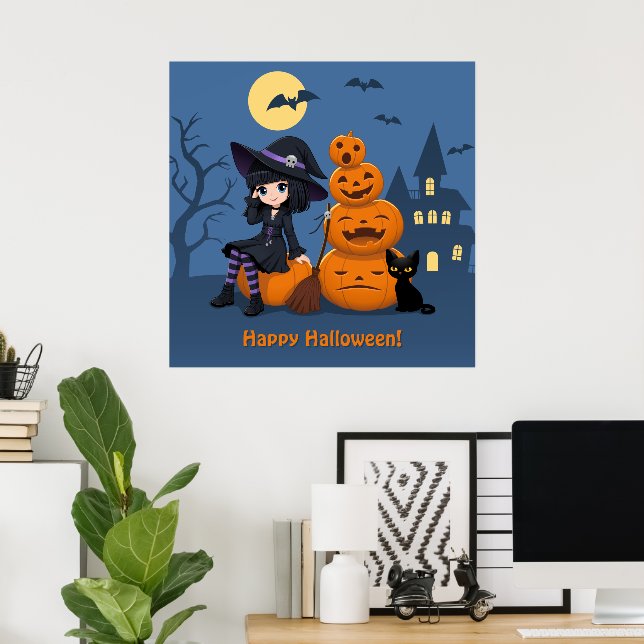 Halloween Witch, Black Cat och Pumpkins Poster (Hemmakontoret)