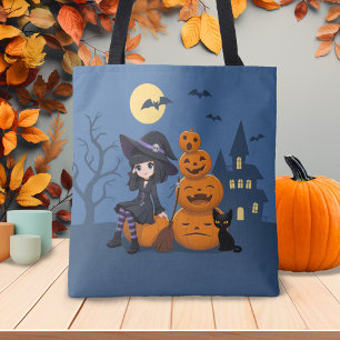 Halloween Witch, Black Cat och Pumpkins Tygkasse