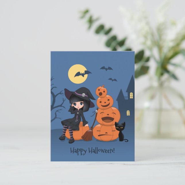 Halloween Witch, Black Cat och Pumpkins Vykort (Stående Fram)