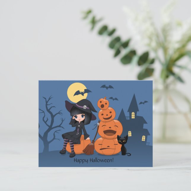 Halloween Witch, Black Cat och Pumpkins Vykort (Stående Fram)