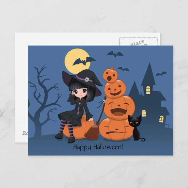 Halloween Witch, Black Cat och Pumpkins Vykort (Fram/baksida)