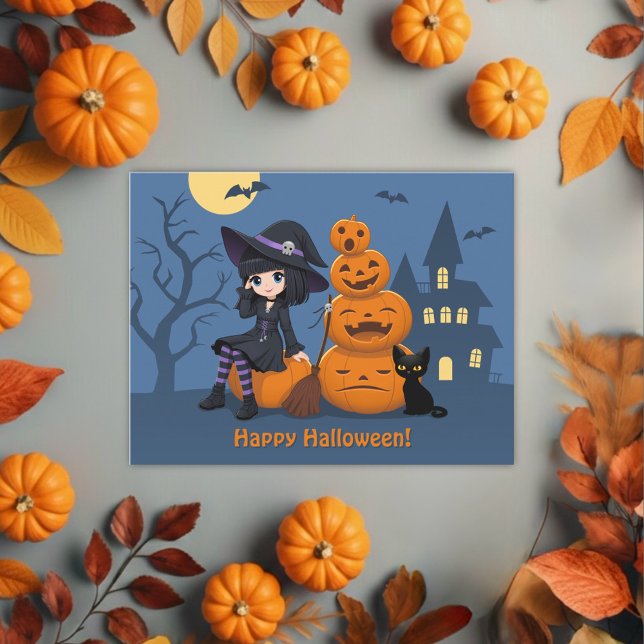 Halloween Witch, Black Cat och Pumpkins Vykort (Skapare uppladdad)