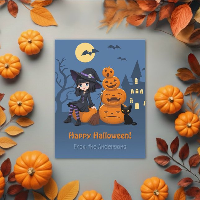 Halloween Witch, Black Cat och Pumpkins Vykort (Skapare uppladdad)