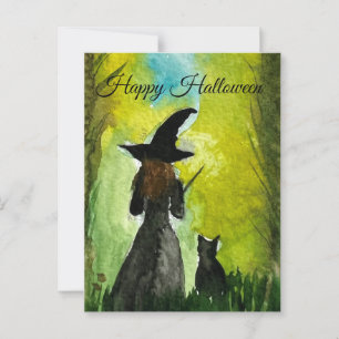 Halloween Witch Black Cat Woman Spådomar Vykort