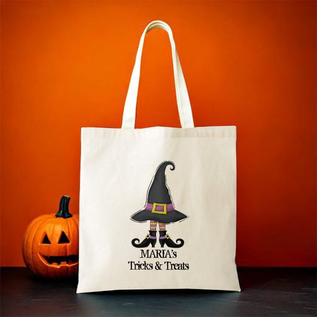 Halloween Witch Bus eller godis Anpassningsbar Tygkasse (Cute Witch Halloween Trick or treat tote bag)