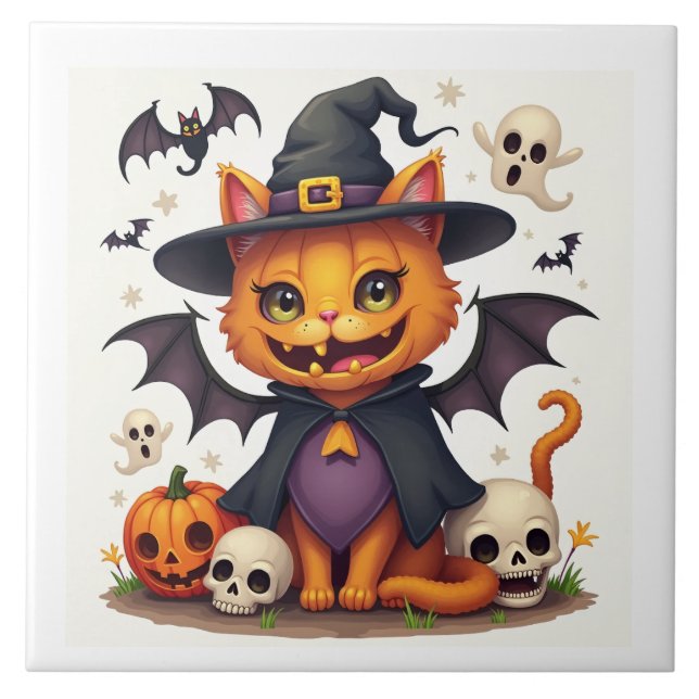 Halloween Witch Cat Ceramic Tile Kakelplatta (Framsidan)