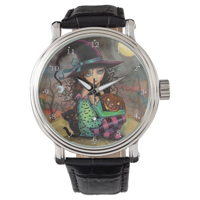 Halloween Witch Cat Fantasy Art Armbandsur (Framsida)