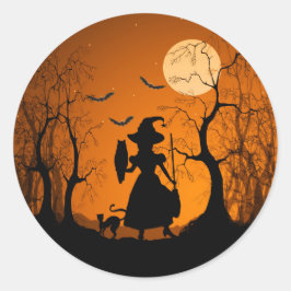 Halloween Witch Cat Fladdermus och Måne Runt Klistermärke