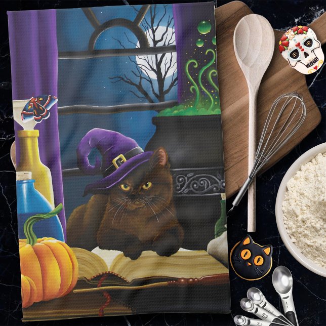 Halloween Witch Cat Lila Magic Kökshandduk (Skapare uppladdad)