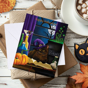 Halloween Witch Cat Lila Magic Kort