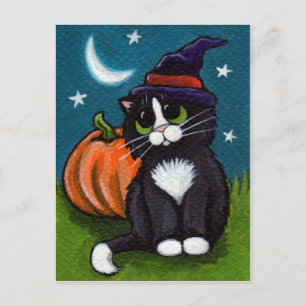 Halloween Witch Cat och Pumpkin Illustration Vykort