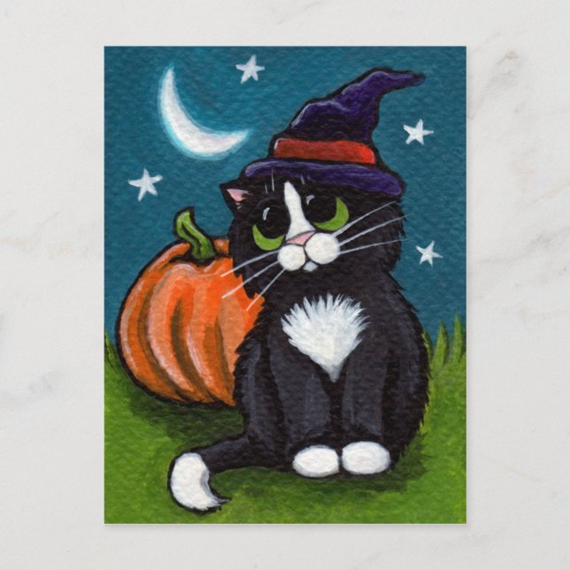 Halloween Witch Cat och Pumpkin Illustration Vykort (Framsida)